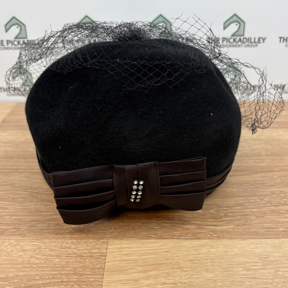 Vtg Black Velour Pillbox Hat with Veil Rhinestone Bow 1950s 1960s Mid Century
